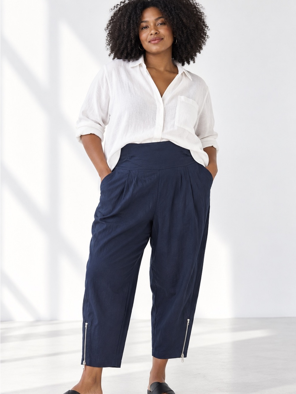 Crea Concept XXL Navy Linen Blend Lagenlook Crop Pants Ankle Zip